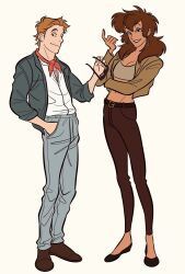 Rule 34 | 1boy, 1girl, bandana, belt, brown belt, brown footwear, brown hair, brown jacket, brown pants, cropped shirt, dodger (oliver &amp; company), earrings, eyeshadow, facial hair, flats, full body, grey jacket, grey pants, grey shirt, highres, holding, holding removed eyewear, hoop earrings, humanization, index finger raised, jacket, jewelry, looking at viewer, makeup, mustache stubble, navel, oliver &amp; company, orange bandana, pants, parted lips, rita (oliver &amp; company), shirt, short hair, standing, stubble, unworn eyewear, uochandayo, white background, white shirt