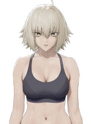 Rule 34 | 1girl, absurdres, ahoge, black sports bra, breasts, carlo montie, cleavage, eyes visible through hair, fate/grand order, fate (series), grey hair, highres, jeanne d&#039;arc alter (fate), large breasts, medium hair, navel, solo, sports bra, sweat, upper body, yellow eyes