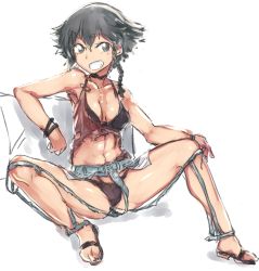 Rule 34 | 1girl, abaratani kurou, abs, black bra, black choker, black hair, black panties, blue pants, bra, bracelet, braid, breasts, brown eyes, brown shirt, choker, commentary request, couch, crotch seam, denim, elbow rest, full body, girls und panzer, grin, hand on own knee, highres, jeans, jewelry, legs, looking at viewer, medium breasts, on couch, panties, pants, pepperoni (girls und panzer), sandals, shirt, short hair, side braid, sitting, sketch, smile, solo, tank top, torn clothes, torn pants, torn shirt, traditional media, underwear, white background
