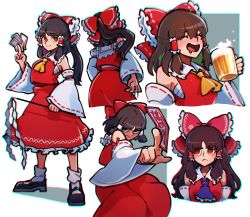 Rule 34 | 1girl, ascot, beer mug, black footwear, blue ascot, bobby socks, bow, brown hair, closed eyes, closed mouth, cup, detached sleeves, gohei, hair bow, hakurei reimu, holding, holding cup, iganashi1, looking at viewer, looking to the side, medium hair, mug, multiple views, ofuda, red bow, red eyes, red shirt, red skirt, ribbon-trimmed sleeves, ribbon trim, sarashi, shirt, sidelocks, simple background, skirt, smile, socks, standing, touhou, white background, white socks, wide sleeves