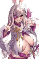 Rule 34 | 1girl, absurdres, animal ears, belt, breasts, cleavage, double v, eyepatch, highres, indie virtual youtuber, katana, large breasts, long hair, looking at viewer, multicolored hair, navel, pink hair, purple nails, sheath, sheathed, simple background, smile, solo, sword, thomasz, usamasu, v, virtual youtuber, weapon, white background, white hair, yellow eyes
