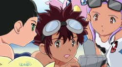 Rule 34 | chibimon, digimon, digimon (creature), digimon adventure 02, digimon adventure 02: digimon hurricane jouriku!! chouzetsu shinka!! ougon no digimental, glasses on head, goggles, goggles on head, hida iori, highres, inoue miyako, motomiya daisuke, poromon, swimsuit, upamon