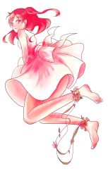 Rule 34 | 1girl, anklet, artist request, bare legs, barefoot, dress, feet, flower bracelet, highres, jewelry, long hair, looking at viewer, magi the labyrinth of magic, morgiana, red eyes, red hair, soles, solo, white dress