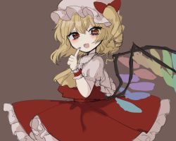 Rule 34 | 1girl, :d, absurdres, artist request, ascot, blonde hair, blush, brown background, commentary request, crystal, drill hair, fang, finger to mouth, flandre scarlet, from side, hair between eyes, hand up, hat, highres, index finger raised, looking at viewer, mob cap, one side up, open mouth, petticoat, puffy short sleeves, puffy sleeves, red eyes, red skirt, red vest, short hair, short sleeves, simple background, skin fang, skirt, smile, solo, touhou, vest, white hat, wings, wrist cuffs, yellow ascot