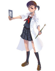 art_brush coat kneehighs overcoat paintbrush ponytail school_uniform serafuku simple_background socks solo weno