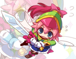 Rule 34 | alternate costume, armor, blue skirt, boots, crying, fairy, fairy wings, gloves, green armor, helmet, holding, holding sword, holding weapon, hone, kirby (series), looking back, nintendo, pink hair, ponytail, ribbon (kirby), skirt, sword, weapon, white gloves, wings