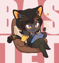Rule 34 | 1girl, animal ears, bastet (mythology), black footwear, black fur, black hair, black skirt, black vest, blue eyes, brown pantyhose, cat ears, cat girl, cat tail, character name, clipboard, couch, egyptian mythology, full body, furry, furry female, high heels, highres, holding, holding clipboard, hua hua de meme, on couch, original, pantyhose, red background, shirt, short hair, sitting, skirt, solo, tail, vest, yellow shirt