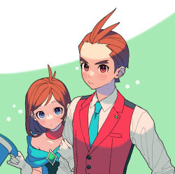 Rule 34 | 1boy, 1girl, :o, ace attorney, antenna hair, apollo justice, aqua necktie, arm hug, blue cape, blue eyes, blue headwear, blush stickers, breast pocket, brother and sister, brown eyes, brown hair, buttons, cape, closed mouth, collared shirt, dot mouth, forked eyebrows, gem, gloves, green background, green gemstone, half-siblings, hat, hexagram, holding, holding clothes, holding hat, lapel pin, lapels, looking at viewer, medium hair, necktie, nostrils, ouse (otussger), pocket, pout, red scarf, red vest, scarf, shirt, short hair, siblings, swept bangs, top hat, trucy wright, unworn hat, unworn headwear, upper body, vest, white gloves, white shirt