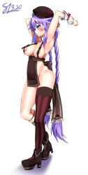 Rule 34 | 1girl, alternate costume, armpits, arms behind head, arms up, asymmetrical legwear, blue eyes, blush, boots, braid, breasts, breasts out, buttons, detached collar, double-breasted, from side, full body, groin, hat, high heel boots, high heels, highres, hip focus, kneehighs, kurozero, large breasts, long hair, looking to the side, medium breasts, neptune (series), no panties, power symbol, power symbol-shaped pupils, purple hair, purple heart (neptunia), sideless outfit, single thighhigh, skindentation, socks, solo, standing, striped clothes, striped thighhighs, symbol-shaped pupils, thighhighs, thighs, twin braids, twintails, vertical-striped clothes, vertical-striped thighhighs, very long hair