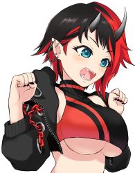 Rule 34 | 1girl, black hair, black jacket, black nails, black sports bra, blue eyes, blush, breasts, chain, commentary request, cropped jacket, demon girl, demon horns, ear chain, ear piercing, highres, horns, jacket, jyaco, large breasts, looking down, multicolored hair, nail polish, nanashi inc., open clothes, open jacket, open mouth, piercing, pointy ears, red hair, red sports bra, ryugasaki rene, ryugasaki rene (1st costume), short hair, simple background, solo, sports bra, sugar lyric, transparent background, two-tone hair, underboob, virtual youtuber, zipper