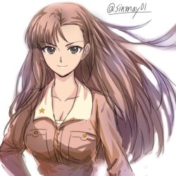 Rule 34 | 10s, 1girl, asymmetrical bangs, breasts, brown eyes, brown hair, brown jacket, chi-hatan military uniform, cleavage, closed mouth, commentary, girls und panzer, jacket, long hair, long sleeves, looking at viewer, military, military uniform, nishi kinuyo, one-hour drawing challenge, shinmai (kyata), shirt, simple background, smile, solo, standing, twitter username, uniform, upper body, white background, white shirt, wind