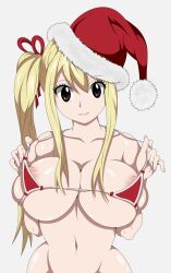 Rule 34 | 1girl, absurdres, areola slip, bikini, blonde hair, breasts, brown eyes, christmas, christmas tree, cleavage, fairy tail, highres, immortalking art, large breasts, long hair, looking at viewer, lucy heartfilia, side ponytail, smile, solo, swimsuit, tagme