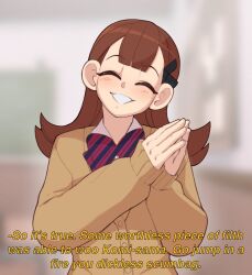 Rule 34 | 1girl, ^ ^, bow, bowtie, brown hair, closed eyes, collared shirt, commentary, english commentary, english text, facing viewer, grin, hair ornament, highres, komi-san wa komyushou desu, long hair, nudiedoodles, own hands together, profanity, shirt, smile, solo, subtitled, sweater vest, upper body, white shirt, wing collar, yamai ren