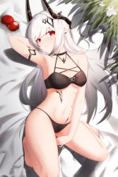 Rule 34 | absurdres, apple, arknights, arm up, armlet, armpits, arms up, barefoot, bed sheet, bikini, black bikini, black hair, black ribbon, blush, breasts, cleavage, collarbone, earrings, food, fruit, gradient hair, hair ornament, highres, horns, jewelry, jndfh, knees up, long hair, looking at viewer, lying, material growth, medium breasts, mudrock (arknights), mudrock (silent night) (arknights), multicolored hair, navel, necklace, official alternate costume, on back, on bed, oripathy lesion (arknights), parted lips, pointy ears, red eyes, ribbon, silver hair, smile, stomach, swept bangs, swimsuit, underboob, very long hair
