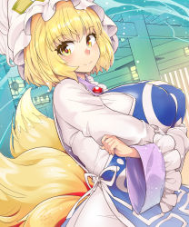 Rule 34 | 1girl, animal hat, blonde hair, breasts, brooch, closed mouth, covered erect nipples, dress, fox tail, hat, highres, huge breasts, jewelry, light smile, long sleeves, looking at viewer, medium hair, mob cap, multiple tails, solo, tabard, tail, touhou, umigarasu (kitsune1963), upper body, white dress, white hat, wide sleeves, yakumo ran, yellow eyes