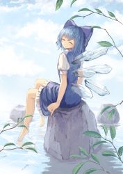 Rule 34 | 1girl, bad id, bad pixiv id, barefoot, blue dress, blue eyes, blue hair, blue sky, blush, bow, branch, cirno, closed eyes, cloud, commentary, day, dress, facing viewer, from behind, grin, hair bow, ice, ice wings, leaf, ookashippo, outdoors, petticoat, pinafore dress, puffy short sleeves, puffy sleeves, rock, shirt, short hair, short sleeves, sitting, sitting on rock, sky, sleeveless dress, smile, solo, touhou, water, white shirt, wings