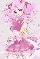 Rule 34 | 1girl, breasts, clover earrings, cone hair bun, cowboy shot, crop top, cure yell, detached sleeves, double bun, floating hair, flower, grey background, hair bun, hair flower, hair ornament, hair ribbon, heart, heart hair ornament, highres, hugtto! precure, index finger raised, long hair, magical girl, makeup, mascara, miniskirt, nono hana, open mouth, pink hair, pink skirt, pink sleeves, pleated skirt, precure, red eyes, red ribbon, ribbon, shipu (gassyumaron), short sleeves, skirt, small breasts, solo, standing, thighhighs, white flower, white thighhighs, wrist cuffs, zettai ryouiki