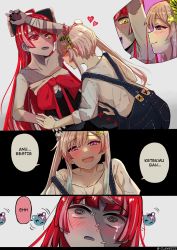 Rule 34 | 2girls, @ @, absurdres, ahoge, airani iofifteen, airani iofifteen (1st costume), black nails, blush, bow, breasts, clawrzzz, cleavage, closed eyes, collarbone, commentary request, heart, heterochromia, highres, hololive, hololive indonesia, indonesian commentary, indonesian text, kureiji ollie, long hair, looking at another, multiple girls, nail polish, open mouth, patchwork skin, pink eyes, pink hair, red bow, red eyes, red hair, smelling, smelling armpit, smile, stitches, tearing up, twitter username, upper body, virtual youtuber, yellow eyes, yuri