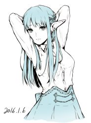 Rule 34 | 1girl, 2016, arm behind head, arms up, bad id, bad pixiv id, blue eyes, blue hair, blue skirt, braid, breasts, closed mouth, collared shirt, dated, dress shirt, earrings, elf, eyebrows, female focus, jewelry, long hair, long pointy ears, looking at viewer, matching hair/eyes, medium breasts, monochrome, original, pointy ears, saino (sainoomisaki), shirt, simple background, sin mis, skirt, solo, spot color, white background, wing collar