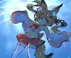 Rule 34 | 1girl, :/, animal ear fluff, animal ears, bare shoulders, bell, blue eyes, blush, bow, bowtie, bright pupils, bubble, closed mouth, collarbone, crop top, detached sleeves, eyebrows, facing away, floral print, fox ears, fox tail, frown, groin, hair bell, hair between eyes, hair ornament, hair ribbon, hairclip, highres, jingle bell, kemomimi oukoku kokuei housou, legs apart, long hair, long sleeves, looking at viewer, miniskirt, mochizuki usagi, navel, nekomasu (kemomimi vr channel), orange hair, outstretched arms, pink shirt, pleated skirt, red bow, red bowtie, red ribbon, red skirt, ribbon, ribbon-trimmed legwear, ribbon trim, shirt, skirt, sleeves past wrists, solo, stomach, tail, tareme, thick eyebrows, thighhighs, twintails, underwater, virtual youtuber, water, white pupils, white thighhighs, wide sleeves, zettai ryouiki