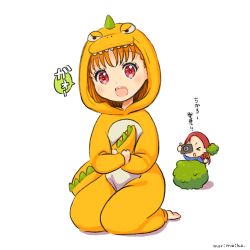 Rule 34 | &gt; &lt;, 2girls, :d, :o, artist name, barefoot, blush, branch, bush, camera, commentary request, cosplay, dinosaur costume, gao, hiding, highres, holding, holding branch, holding tail, hood, hood up, kigurumi, long hair, looking at viewer, love live!, love live! sunshine!!, morimaiko, multiple girls, open mouth, orange hair, red eyes, red hair, sakurauchi riko, simple background, smile, tail, takami chika, taking picture, translation request, white background