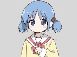 Rule 34 | arm at side, blue eyes, blue hair, blush, bow, bowtie, close-up, cube hair ornament, expressionless, grey background, hair ornament, hand up, highres, index finger raised, looking at viewer, n-ture, naganohara mio, nichijou, oekaki, pink bow, pink bowtie, pointing, portrait, sailor collar, school uniform, serafuku, shirt, short twintails, simple background, tokisadame school uniform, twintails, upper body, very long sleeves, white sailor collar, yellow serafuku, yellow shirt