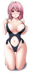 Rule 34 | 1girl, absurdres, bare legs, bare shoulders, barefoot, black one-piece swimsuit, blush, breasts, clothing cutout, collarbone, commentary request, full body, gluteal fold, groin, hair between eyes, highleg, highleg swimsuit, highres, kneeling, large breasts, looking at viewer, navel, no headwear, nori tamago, nose blush, one-piece swimsuit, open mouth, pink hair, red eyes, saigyouji yuyuko, shadow, short hair, side-tie swimsuit, simple background, solo, stomach cutout, strap pull, sweat, swimsuit, thigh gap, thighs, touhou, white background