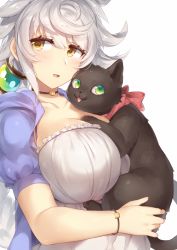 Rule 34 | 1girl, alternate costume, animal, asymmetrical hair, bad id, bad tumblr id, breasts, casual, cat, collarbone, dress, hair between eyes, holding, holding animal, jitome, kantai collection, large breasts, long hair, looking at viewer, open mouth, pokoten (pokoten718), silver hair, unryuu (kancolle), upper body, very long hair, white dress, yellow eyes