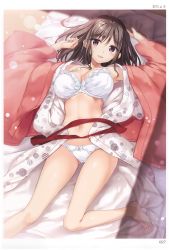 Rule 34 | 1girl, :d, absurdres, armpits, arms up, bare legs, bare shoulders, barefoot, blush, bra, breasts, brown hair, cleavage, crotch seam, feet, gluteal fold, hair ornament, hairclip, highres, japanese clothes, kimono, large breasts, long hair, long sleeves, looking at viewer, lying, mattress, navel, on back, open clothes, open mouth, oryo (oryo04), panties, pink kimono, purple eyes, scan, shade, sidelocks, smile, solo, stomach, sweat, thighs, toranoana, underwear, white bra, white panties, wide sleeves