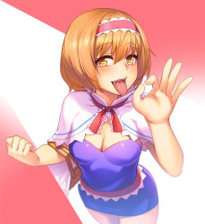 Rule 34 | 1girl, alice margatroid, basket, blonde hair, blush, breasts, capelet, cleavage, commentary request, cookie (touhou), cowboy shot, fellatio gesture, hair between eyes, hairband, heart, heart-shaped pupils, highres, looking at viewer, medium breasts, multicolored background, open mouth, oral invitation, penetration gesture, saliva, sexually suggestive, short hair, solo, symbol-shaped pupils, tarmo, tongue, tongue out, touhou, two-tone background, yellow eyes