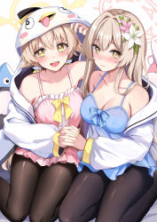 Rule 34 | 2girls, :d, arm up, bare shoulders, black pantyhose, blue archive, blue bow, blush, bow, breasts, brown hair, cleavage, closed mouth, collarbone, commentary request, flower, hair between eyes, hair flower, hair ornament, halo, hifumi (blue archive), highres, holding hands, hood, hood up, hooded jacket, interlocked fingers, jacket, konka, long sleeves, looking at viewer, medium breasts, multiple girls, nagisa (blue archive), nail polish, open clothes, open jacket, open mouth, pantyhose, peroro (blue archive), pink flower, pink nails, puffy long sleeves, puffy sleeves, simple background, small breasts, smile, white background, white flower, white jacket, yellow bow, yellow eyes, yellow nails