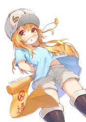 Rule 34 | 10s, 1girl, :o, absurdres, arms behind back, blonde hair, blue shirt, blush, child, flag, flat cap, full body, hat, hataraku saibou, highres, open mouth, platelet (hataraku saibou), shirt, short sleeves, shorts, solo, standing, transparent background, whistle, whistle around neck, wind, wind lift, yellow eyes