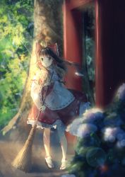 Rule 34 | 1girl, ascot, black footwear, blurry, bow, broom, brown eyes, brown hair, commentary request, contrapposto, day, depth of field, detached sleeves, flower, forest, full body, hair blowing, hair bow, hair tubes, hakurei reimu, highres, holding, holding broom, hydrangea, lens flare, light particles, light rays, long hair, looking at viewer, nature, open mouth, outdoors, parted lips, petticoat, ponytail, red skirt, red vest, ribbon-trimmed skirt, ribbon-trimmed sleeves, ribbon trim, sandals, shimekake, skirt, skirt set, solo, standing, sunbeam, sunlight, tabi, torii, touhou, vest, white legwear, wind, wind lift, yellow ascot