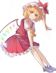 Rule 34 | 1girl, ascot, bat wings, blonde hair, crystal, dress, flandre scarlet, frilled skirt, frills, full body, hat, hat ribbon, highres, huge moon, looking at viewer, medium hair, mob cap, moon, open mouth, pointy ears, red dress, red eyes, ribbon, side ponytail, simple background, skirt, smile, touhou, user ptvs3537, white background, wings