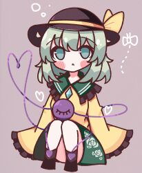 Rule 34 | 1girl, :&lt;, absurdres, black hat, blush, blush stickers, bow, buttons, diamond button, floral print, frilled shirt collar, frilled sleeves, frills, green eyes, green hair, green skirt, hat, hat bow, heart, heart of string, highres, komeiji koishi, light green hair, long sleeves, medium hair, rose print, shirt, simple background, sitting, skirt, sleeves past wrists, solo, third eye, touhou, waroemon, yellow bow, yellow shirt