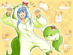 1girl :d absurdres alternate_costume blue_hair bow bread_master commentary english_commentary ex-keine highres horn_bow horn_ornament horns kamishirasawa_keine long_hair long_sleeves looking_at_viewer open_mouth outline red_bow red_eyes signature smile sukusuku_hakutaku tail touhou white_outline