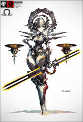 1girl android artist_name black_hair breasts closed_mouth commentary_request dot_nose double-blade full_body hand_on_own_hip holding holding_sword holding_weapon k-suwabe looking_at_viewer medium_breasts original robot_girl simple_background smile solo standing sword symbol_request thick_thighs thighs weapon weapon_request white_background white_hair yellow_eyes zodiac