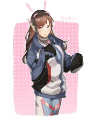 Rule 34 | 1girl, a821, animal ears, blue jacket, bodysuit, boots, breasts, brown eyes, brown hair, character name, cowboy shot, d.va (overwatch), eyelashes, facepaint, facial mark, hands up, headphones, heart, jacket, legs together, lips, long hair, long sleeves, looking at viewer, matching hair/eyes, overwatch, overwatch 1, parted lips, pilot suit, pink lips, purple bodysuit, rabbit ears, ribbed bodysuit, sleeves past wrists, solo, thigh boots, thigh strap, thighhighs, turtleneck, whisker markings, white thighhighs