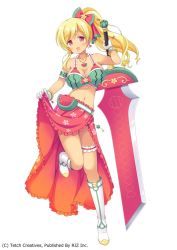 Rule 34 | 1girl, belt, blonde hair, blush, boots, bow, brown eyes, clothes lift, earrings, floral print, food, fruit, gloves, hair ornament, holding, jewelry, kaiware-san, lace, necklace, ponytail, sarong, sarong lift, smile, suika (vegimagi), vegimagi, watermelon