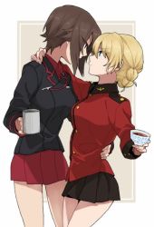 Rule 34 | 10s, 2girls, arm around neck, black skirt, blonde hair, border, braid, breasts, brown hair, closed mouth, couple, cup, darjeeling (girls und panzer), eye contact, face-to-face, female focus, french braid, girls und panzer, kuromorimine military uniform, looking at another, medium breasts, mug, multiple girls, nishizumi maho, outside border, red skirt, ree (re-19), school uniform, short hair, skirt, spread legs, st. gloriana&#039;s military uniform, standing, teacup, thighs, white background, white border, yuri
