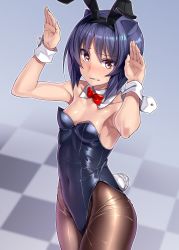 Rule 34 | 1girl, absurdres, animal ears, arcana heart, areola slip, armpits, arms up, bad id, bad twitter id, blue hair, blush, bow, bowtie, breasts, brown pantyhose, checkered floor, clenched teeth, covered navel, cowboy shot, daidouji kira, detached collar, embarrassed, fake animal ears, hairband, highres, leotard, orochi itto, pantyhose, playboy bunny, rabbit ears, rabbit pose, rabbit tail, shiny clothes, shiny legwear, short hair, small breasts, solo, sweatdrop, tail, teeth, wrist cuffs