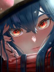 Rule 34 | 1girl, black hat, blue hair, blush, close-up, food, fruit, fruit hat ornament, hat, hinanawi tenshi, long hair, looking at viewer, own hands together, peach, peach hat ornament, red eyes, red scarf, ropu 1, scarf, solo, touhou