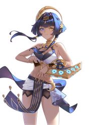 Rule 34 | 1girl, absurdres, bare arms, bare shoulders, black hairband, blue eyes, blue hair, brooch, candace (genshin impact), card, closed mouth, cowboy shot, cqc no hashi neko, crop top, dark-skinned female, dark skin, duel disk, egyptian clothes, eye of horus, gem, genshin impact, hair intakes, hair ornament, hair over shoulder, hairband, heterochromia, highres, holding, holding card, horns, jewelry, looking at viewer, millennium eye, neck ring, pelvic curtain, purple gemstone, shield, shirt, short hair with long locks, sidelocks, simple background, single horn, sleeveless, sleeveless shirt, smug, solo, standing, thighs, twintails, white background, yellow eyes, yu-gi-oh!