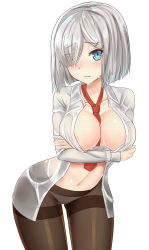 Rule 34 | 10s, 1girl, areola slip, between breasts, blue eyes, blush, breasts, brown pantyhose, collarbone, crossed arms, dripping, eyebrows, eyes visible through hair, hair ornament, hair over one eye, hairclip, hamakaze (kancolle), highres, kantai collection, large breasts, leaning forward, looking at viewer, navel, necktie, necktie between breasts, open clothes, open shirt, panties, panties under pantyhose, pantyhose, shirt, short hair, silver hair, simple background, sin (kami148), solo, thighband pantyhose, underwear, wet, wet clothes, white background, white panties