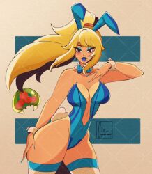 Rule 34 | 1girl, adapted costume, alien, animal ears, black eyes, blonde hair, blue bow, blue bowtie, blue leotard, blue lips, blue nails, blush, bow, bowtie, breasts, cleavage, collarbone, covered navel, creature, cresscin, detached sleeves, eyeshadow, fake animal ears, fake tail, large breasts, leotard, lipstick, long hair, looking at viewer, makeup, metroid, metroid (creature), mole, mole under mouth, nail polish, nintendo, playboy bunny, ponytail, rabbit ears, rabbit tail, samus aran, smile, standing, tail, thighhighs, wrist cuffs, zero suit