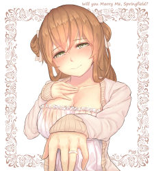 Rule 34 | 1girl, alternate costume, artist name, blush, breasts, brown hair, cardigan, character name, cleavage, collarbone, crying, crying with eyes open, dress, english text, frilled dress, frills, girls&#039; frontline, green eyes, hair between eyes, hair ribbon, hair rings, half-closed eyes, hand on own chest, happy tears, head tilt, highres, jewelry, large breasts, long hair, looking at viewer, offering hand, open cardigan, open clothes, outside border, ponytail, pyg (dukang2000), ribbon, ring, sidelocks, smile, solo, springfield (girls&#039; frontline), tears, text focus, upper body, wedding band, wedding ring