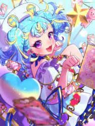 Rule 34 | 1girl, :d, ahoge, blonde hair, blue background, blue choker, blue hair, blue ribbon, blush, candy, capelet, card, choker, commentary request, fangs, food, from side, gem, gold trim, hands up, hat, heart, heart print, highres, lollipop, long hair, looking at viewer, looking back, moukinui, multicolored hair, myamu, open mouth, paw pose, pleated skirt, pretty series, purple eyes, red gemstone, ribbon, shaped lollipop, sitting, skirt, smile, solo, streaked hair, twintails, waccha primagi!, white capelet, white hat