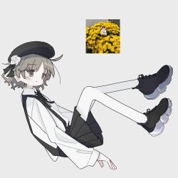 Rule 34 | 1girl, absurdres, ahoge, beret, black hat, black ribbon, black skirt, brown eyes, cigarette pack, expressionless, feet up, fertilizerrrr, flower, from side, hair ribbon, hat, hatoba tsugu, highres, invisible chair, light brown hair, long sleeves, looking at viewer, looking to the side, neck ribbon, pantyhose, photo inset, platform footwear, pleated skirt, raised eyebrows, reclining, ribbon, rose, shirt, shirt tucked in, shoes, short hair, single hair ring, sitting, skirt, sneakers, solo, suspender skirt, suspenders, tsugu (vtuber), virtual youtuber, white flower, white pantyhose, white rose, white shirt, yellow flower