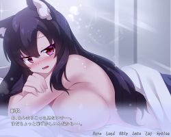 Rule 34 | 1girl, absurdres, animal ears, bed sheet, black hair, blanket, fake screenshot, highres, imaizumi kagerou, long hair, lying, naked sheet, nude, on stomach, pillow, red eyes, sivamaron, solo, touhou, translation request, under covers, wolf ears, wolf girl