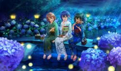 Rule 34 | 3girls, :d, ^ ^, akino komugi, black hair, blue hair, blue kimono, blurry, brown hair, bush, cinderella series, closed eyes, dango, dark blue hair, depth of field, eating, fireflies, floral print kimono, flower, food, full body, game cg, green eyes, green kimono, hachigatsu no cinderella nine, hair between eyes, hair flower, hair ornament, high ponytail, highres, holding, holding food, hydrangea, japanese clothes, kimono, light particles, light rays, looking at another, mitarashi dango, multiple girls, night, non-web source, obi, official alternate hairstyle, official art, open mouth, outdoors, pointing, pointing at another, purple flower, red sash, sakagami mei, sandals, sash, serizawa musubi, short hair, sitting, smile, teeth, tree, upper teeth only, wagashi, white kimono, yellow eyes, yukata, zouri